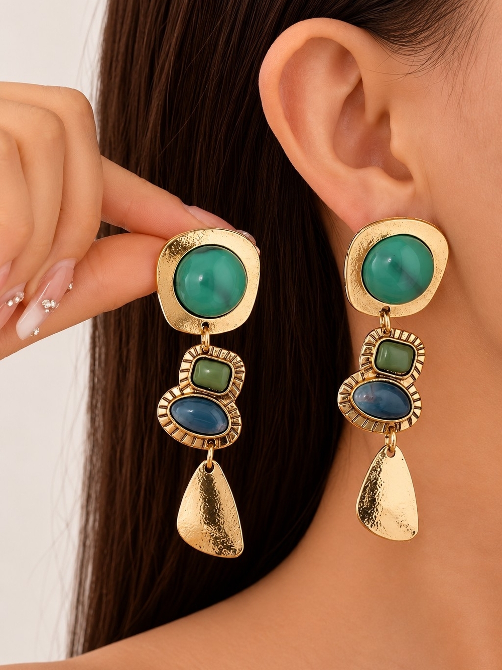Gold-Tone Dangle Earrings with Green and Blue Stones